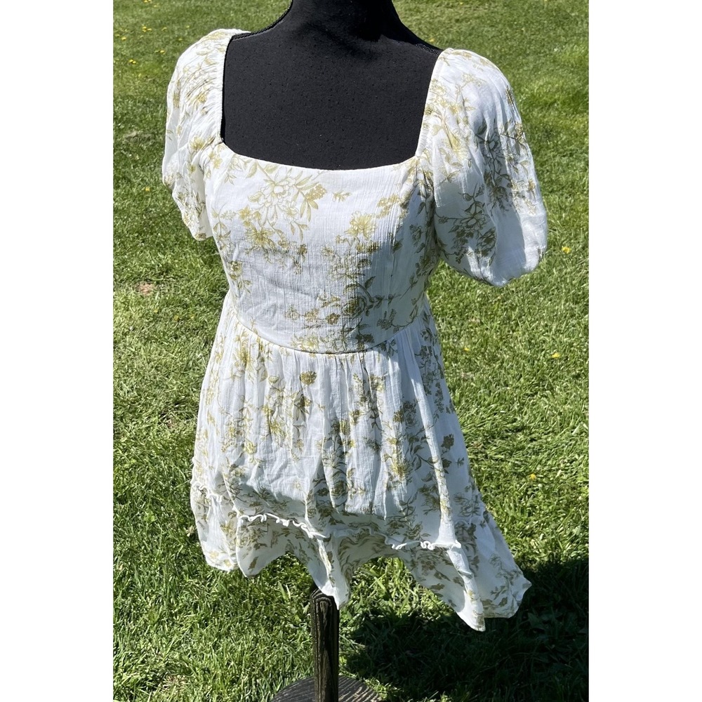 Blu Pepper Floral Puff Sleeve Mini Dress Cottagecore Prairie Medium M White - Picture 8 of 14